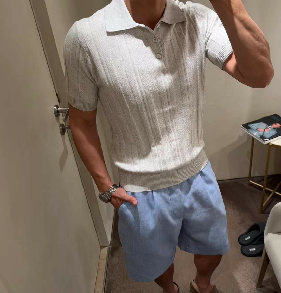 브루넬로쿠치넬리 코튼 자카드 스트라이프 니트 폴로 셔츠