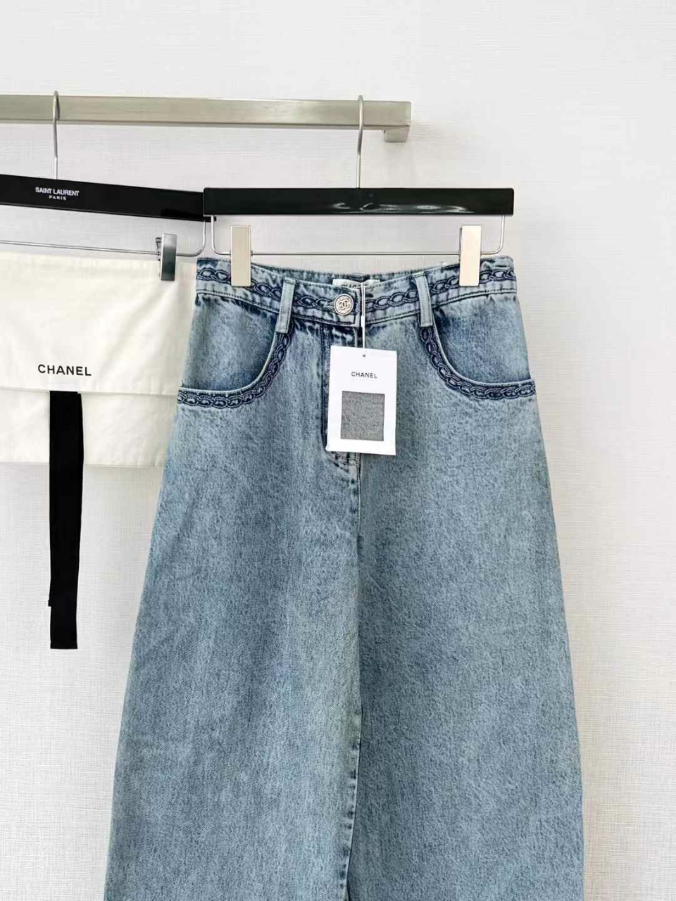샤넬 체인 자수 와이드 데님 진