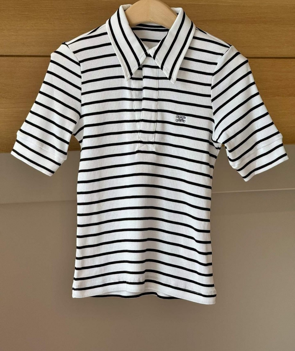 셀린느 트리옹프 자수 스트라이프 코튼 실크 폴로셔츠