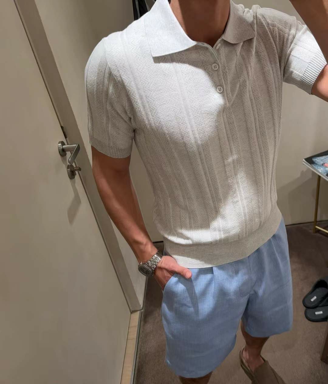 브루넬로쿠치넬리 코튼 자카드 스트라이프 니트 폴로 셔츠