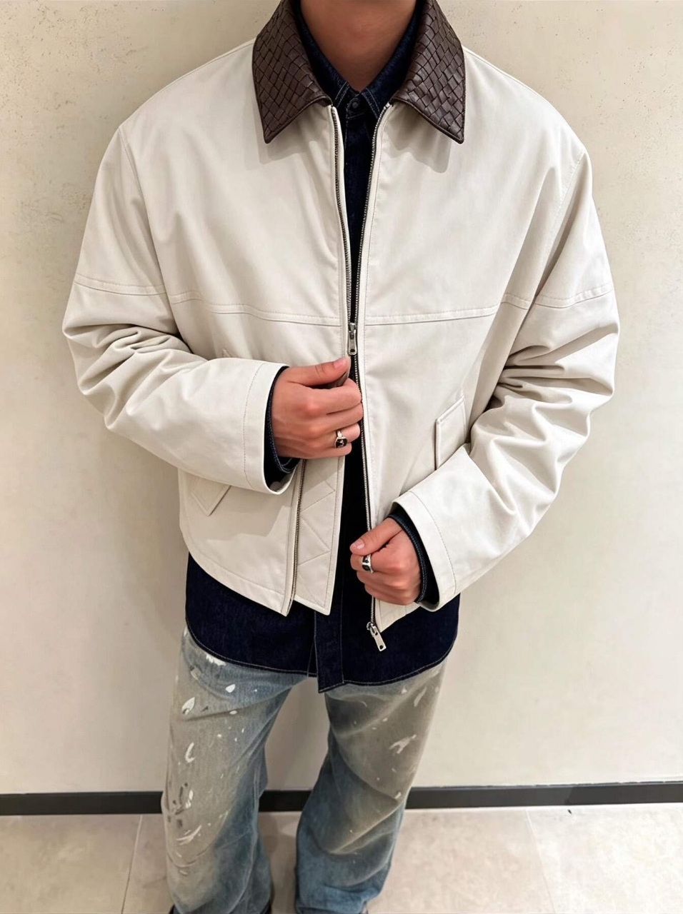 보테가베네타 인트레치아토 가죽 카라 자켓