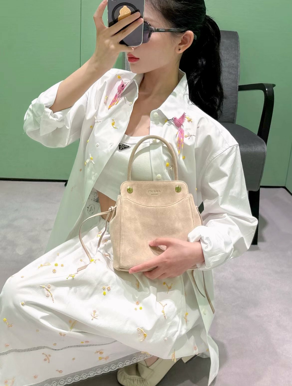 프라다 자수 포플린 셔츠