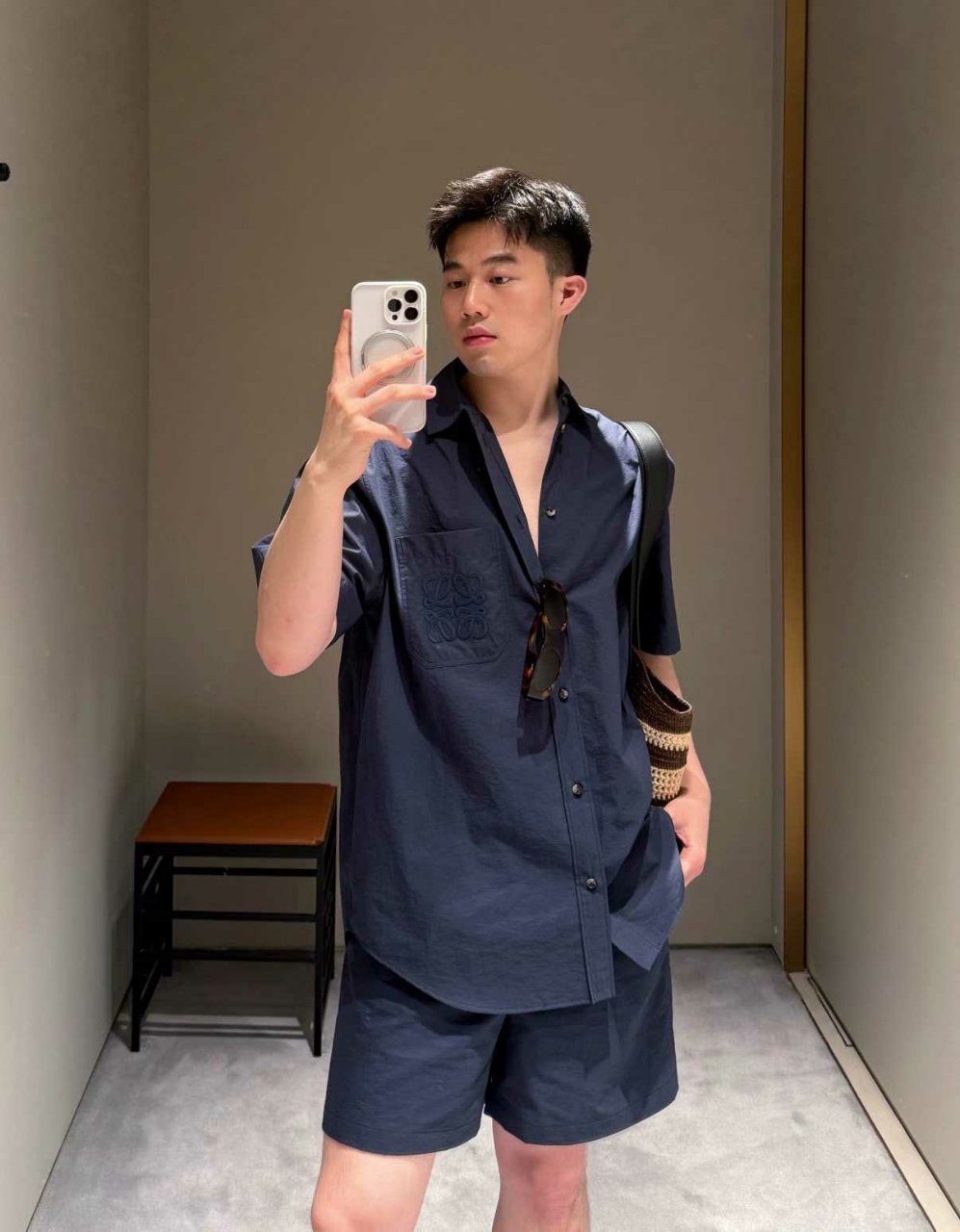 로에베 아나그램 자수 코튼 나일론 반팔 셔츠