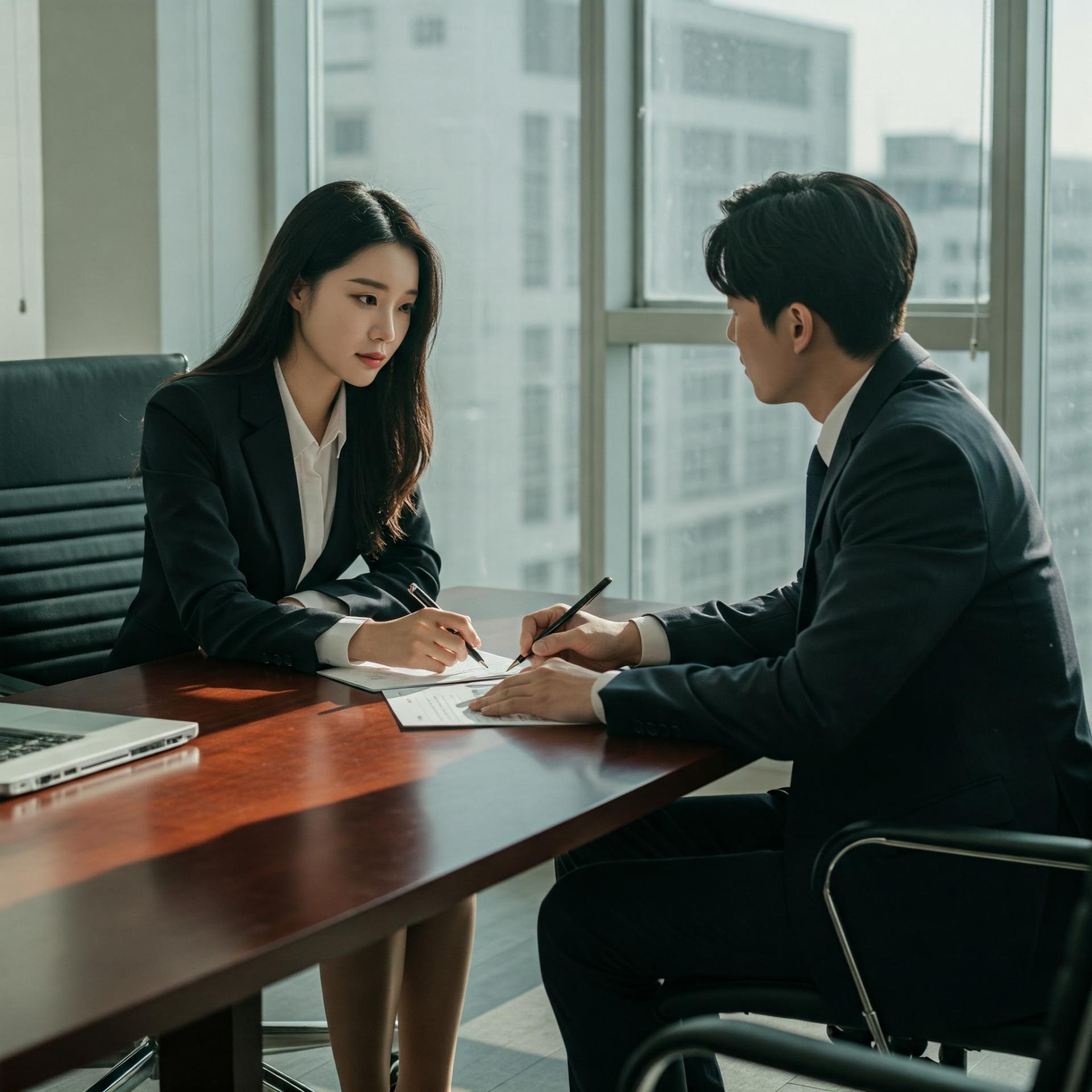 사무실에서 미팅을 하는 여성직장인, 남성직장인