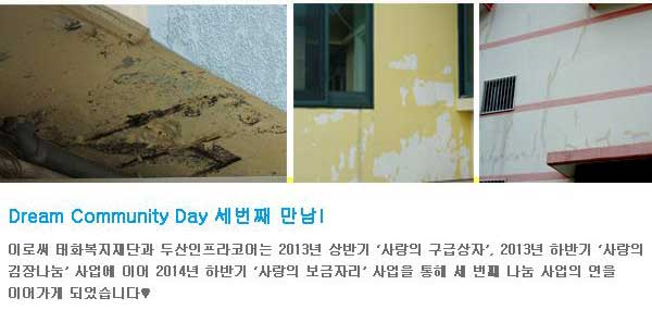Dream Community Day 세 번째 만남 이로써 태화복지재단과 두산인프라코어는 2013년 상반기 ‘사랑의 구급상자’ 2013년 하반기 ‘사랑의 김장나눔’ 사업에 이어 2014년 하반기 ‘사랑의 보금자리’ 사업을 통해 세 번째 나눔 사업의 연을 이어가게 되었습니다.