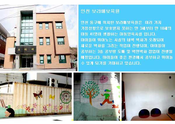 인천 보라매 보육원 인천 동구에 위치한 보라매보육원은 여러 가지 가정상황으로 보호받지 못하는 만 3세부터 만 18세의 아동 41명이 생활하는 아동양육시설 입니다. 아이들이 뛰어 노는 시설의 내벽 벽화가 오래되어 새로운 벽화를 그리는 작업이 진행되며, 아이들이 공부하는 3층 공부방 도배 및 벽면벽화 잡업이 진행될 예정입니다. 아이들이 좋은 환경에서 공부하고 뛰어 놀 수 있게 되기를 기대하고 있습니다.