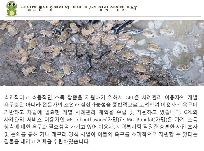 효과적이고 효율적인 소득 창출을 지원하기 위해서 GPL은 사례관리 이용자의 개별 욕구뿐만 아니라 전문가의 조언과 실현가능성을 종합적으로 고려하여 이용자의 욕구에 기반하고 자립에 필요한 개별 사례관리 계획을 수립 및 지원하고 있습니다. GPL의 사례관리 서비스 이용자인 Ms. Chanthasone(가명)과 Mr. Bounlot(가명)은 가계 소득 창출에 대한 욕구와 필요성을 가지고 있어 이용자, 지역복지팀 직원간 충분한 사전 조사 및 논의를 통해 가내 개구리 양식 사업이 이들의 욕구를 효과적으로 지원할 수 있다는 결론을 내리고 계획을 수립하였습니다.
