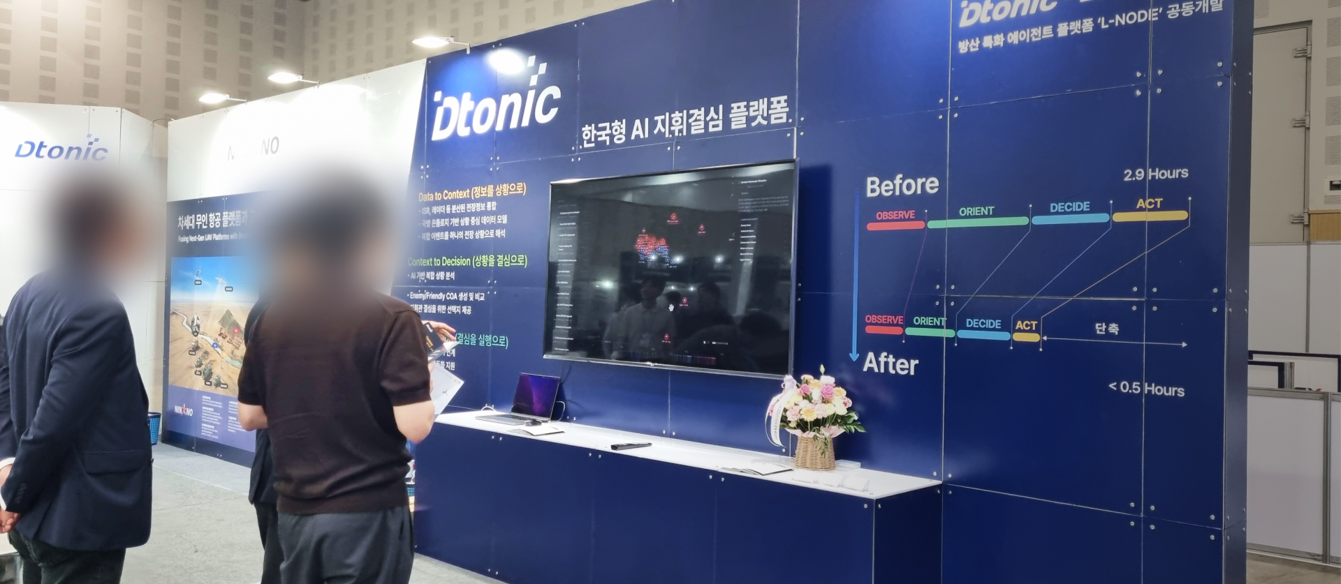 InLEX 2026 국방산업발전대전 디토닉(Dtonic) 부스에서 공개된 한국형 AI 지휘결심 플랫폼과 방산 특화 에이전트 플랫폼 기술로, 다량의 멀티모달 데이터를 실시간 의사결정 자산으로 전환하는 과정을 분석한 바로AI 테크 블로그 현장 스케치 자료입니다