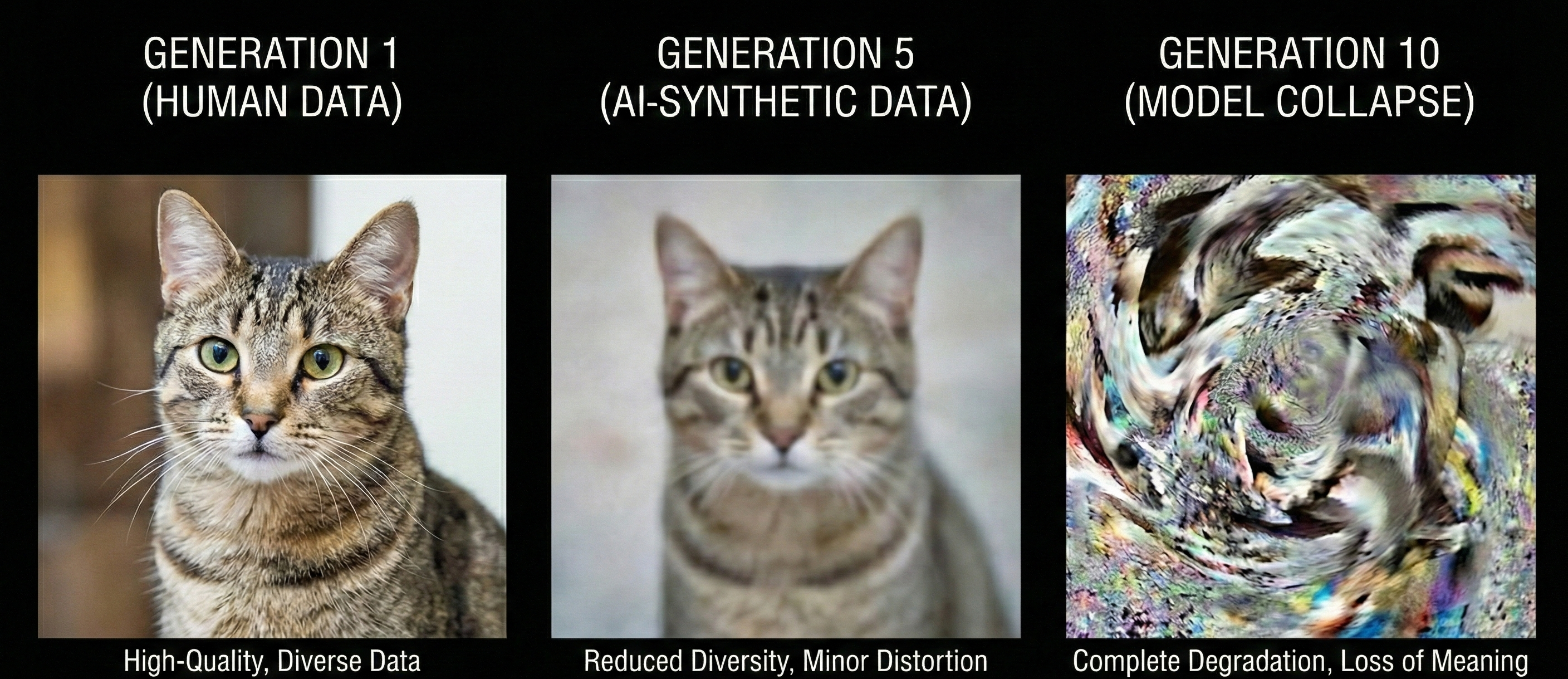 AI 모델이 인간 데이터에서 출발해 AI 생성 데이터 위주로 학습될수록 데이터 다양성과 정보가 점차 줄어들어 모델 붕괴(Model Collapse)가 발생하는 과정을 세 단계로 시각화한 이미지