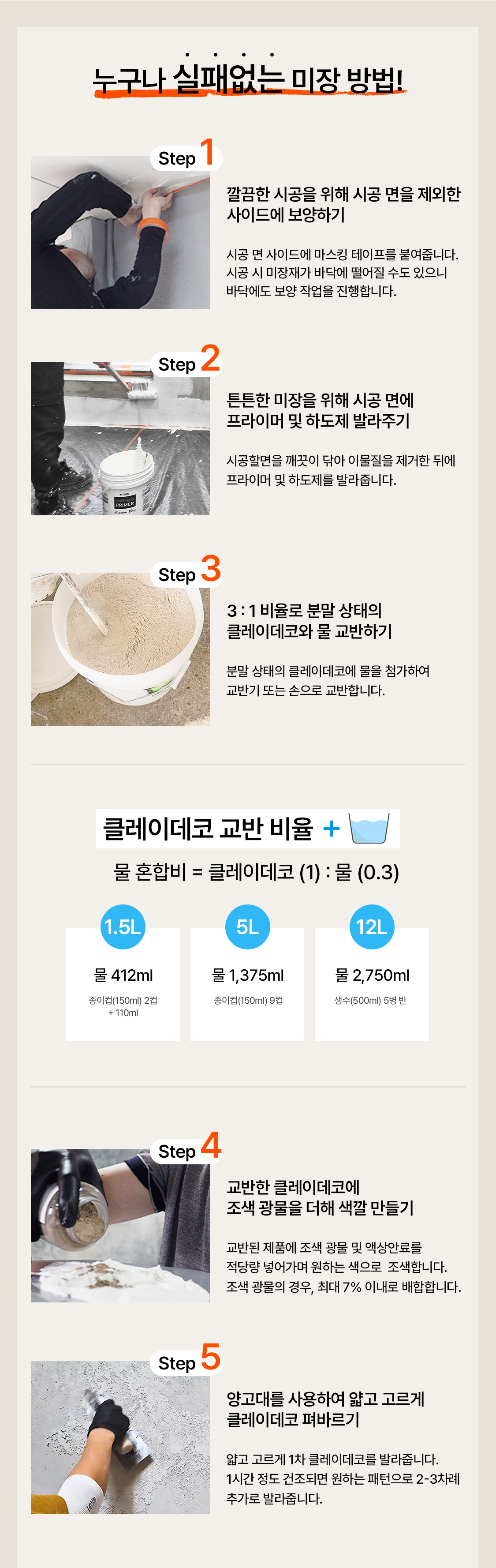 클레이데코 유럽미장 셀프 시공법, 미장재 혼합 비율과 프라이머 작업, 색상 조색 및 벽면 패턴 시공 과정 안내