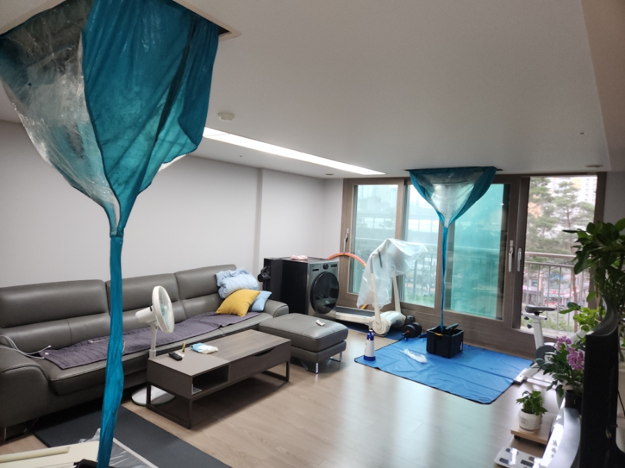 거실의 천장 본체와 바닥에 마련한 세척 작업 공간