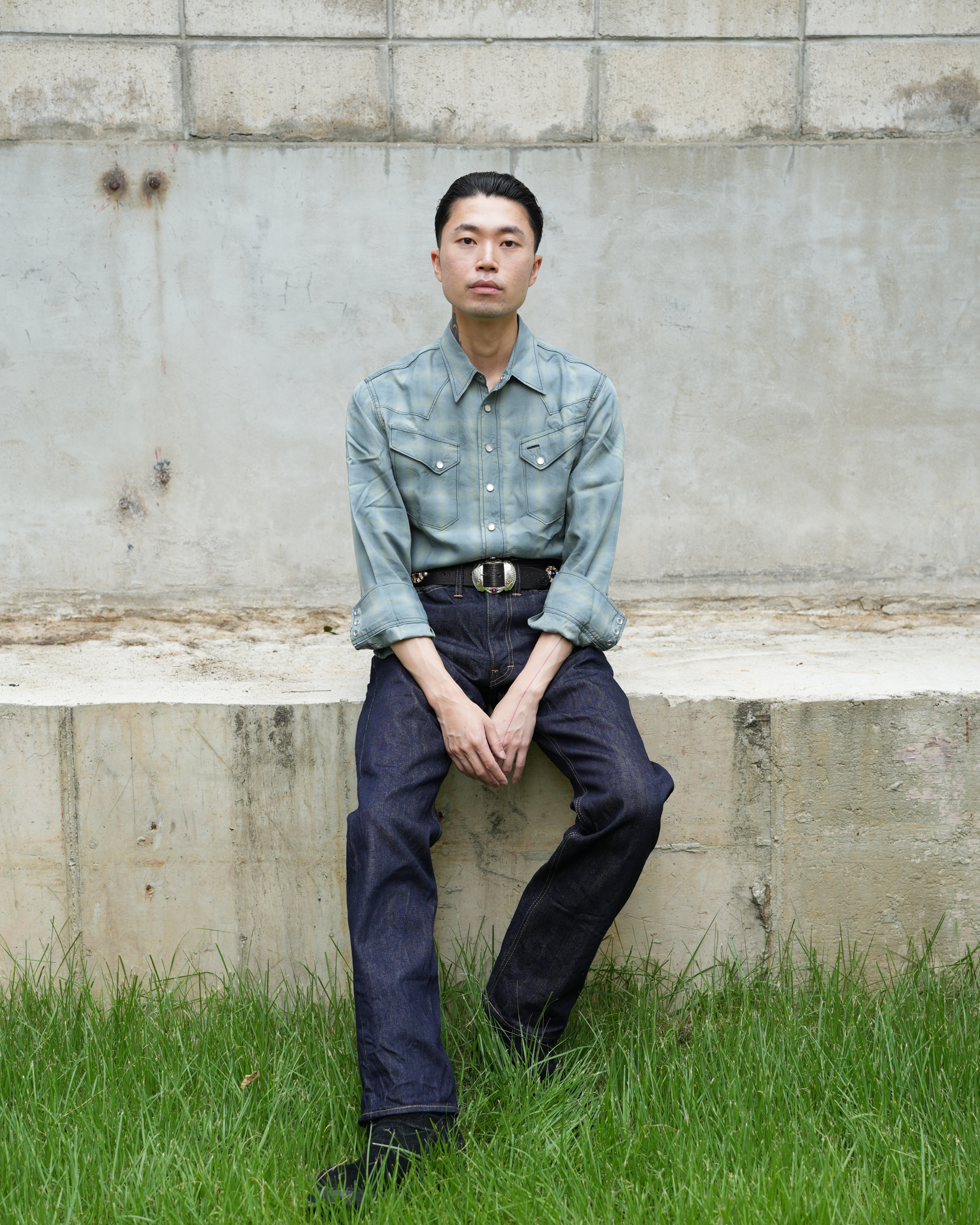 [ SC29688 ] Ombre Check Western Shirt [Blue]