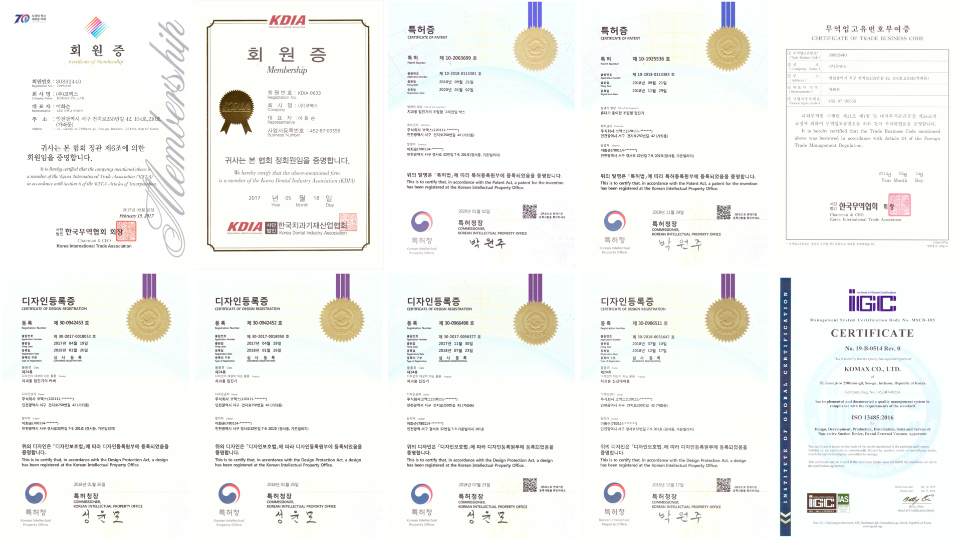 Certificates of KOMAX Co., Ltd,