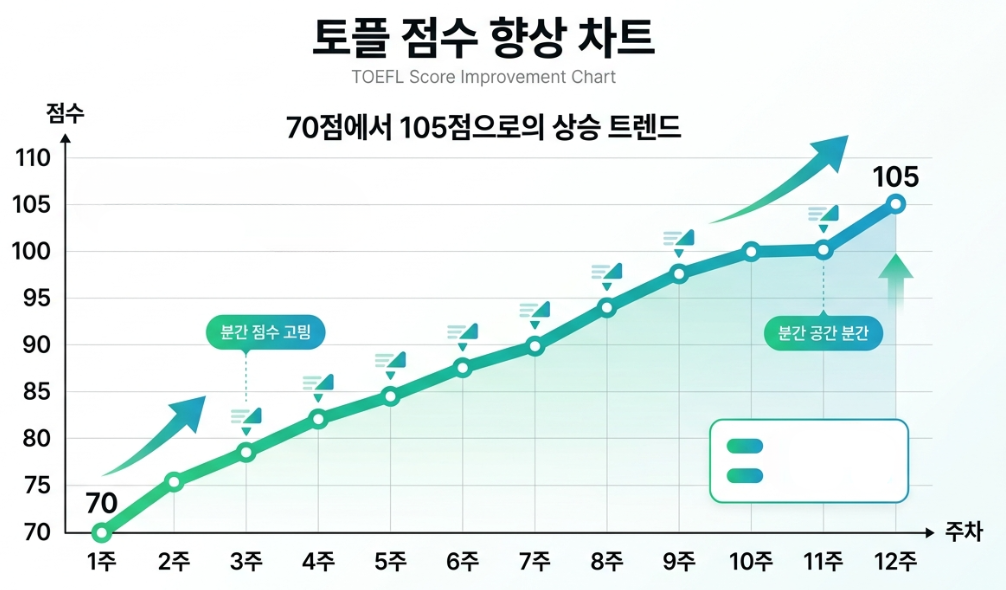 토플 점수가 70점에서 105점으로 상승하는 그래프