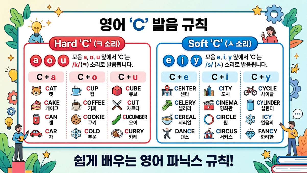 Hard C와 Soft C의 규칙을 한글 설명과 함께 모음별로 색상 구분하여 정리한 차트
