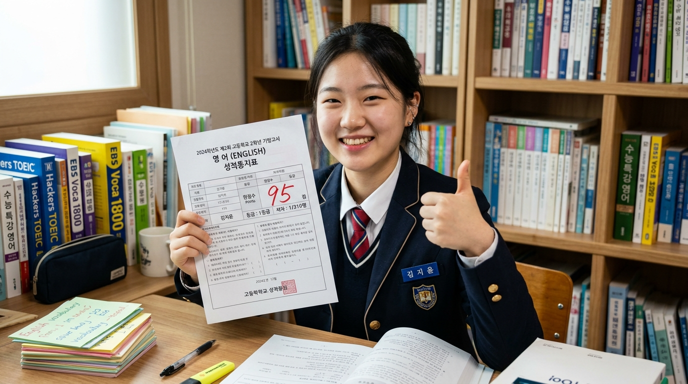 한국 중학생이 영어 시험지에서 95점을 받고 엄지손가락을 들어올리며 만족해하고 있다