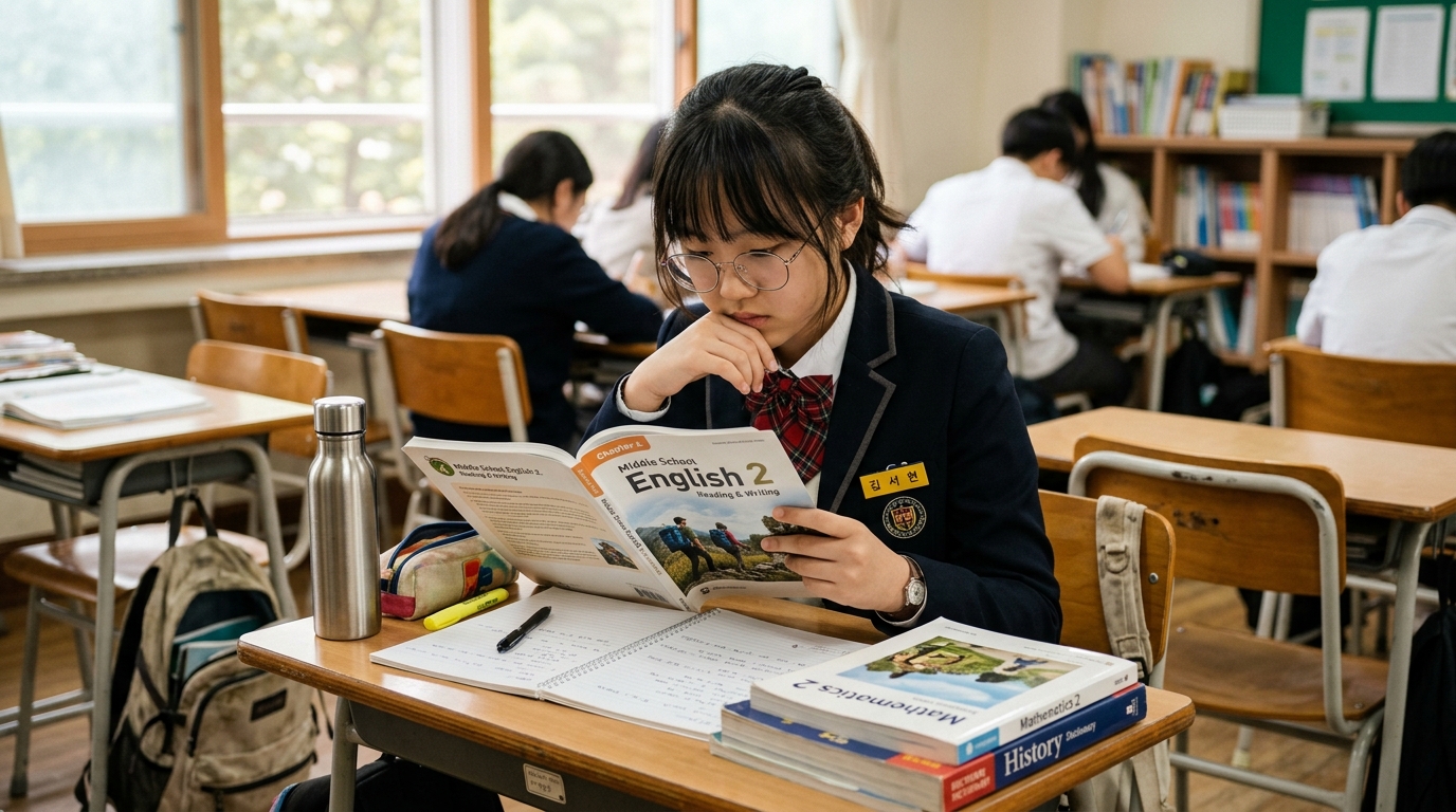 중학생이 책상에 앉아 영어 교과서를 집중하여 읽고 있다