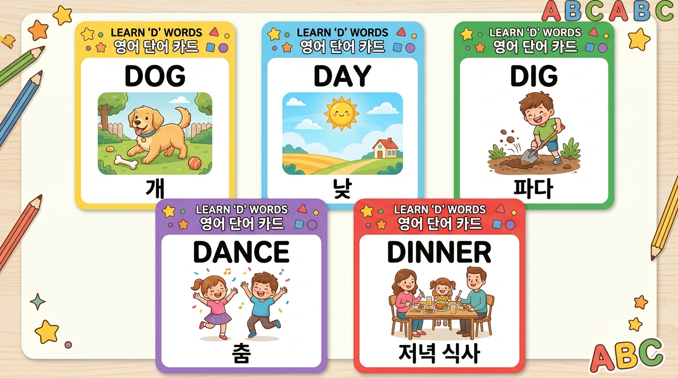 D 단어들(dog, day, dig, dance)을 그림과 한글 설명으로 보여주는 학습 카드