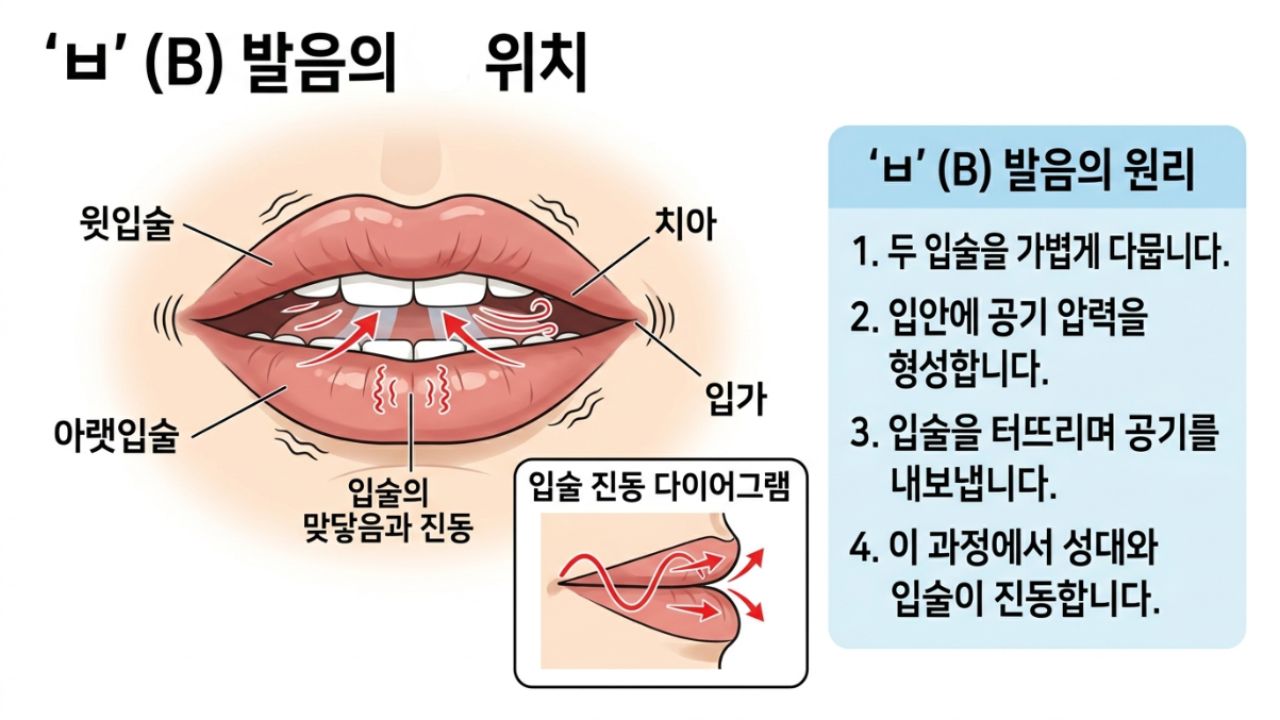 B 발음 방법, 입술 진동 B 발음, 파닉스 발음 설명 다이어그램