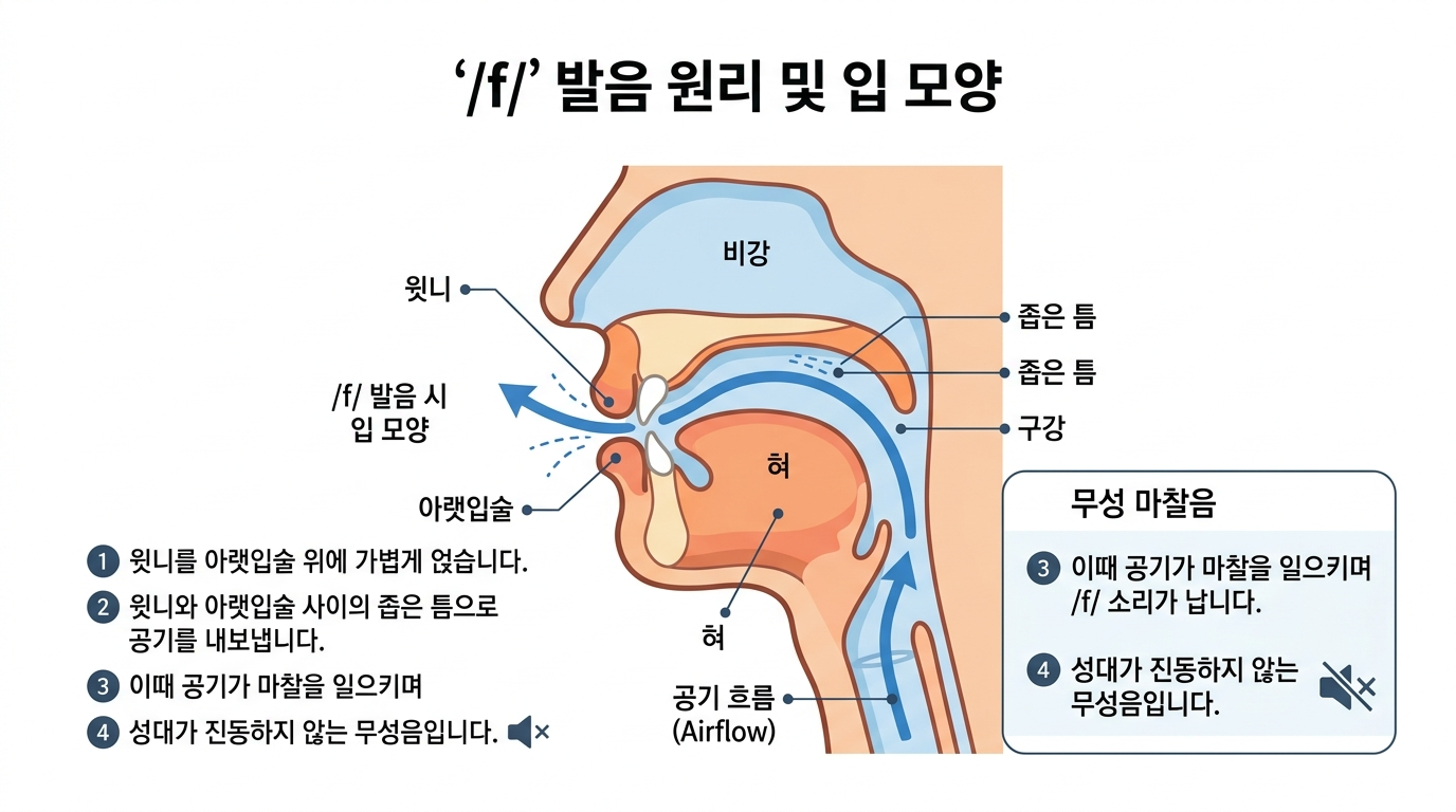 F 발음 시 입술과 이빨의 위치를 한글 설명과 함께 보여주는 다이어그램