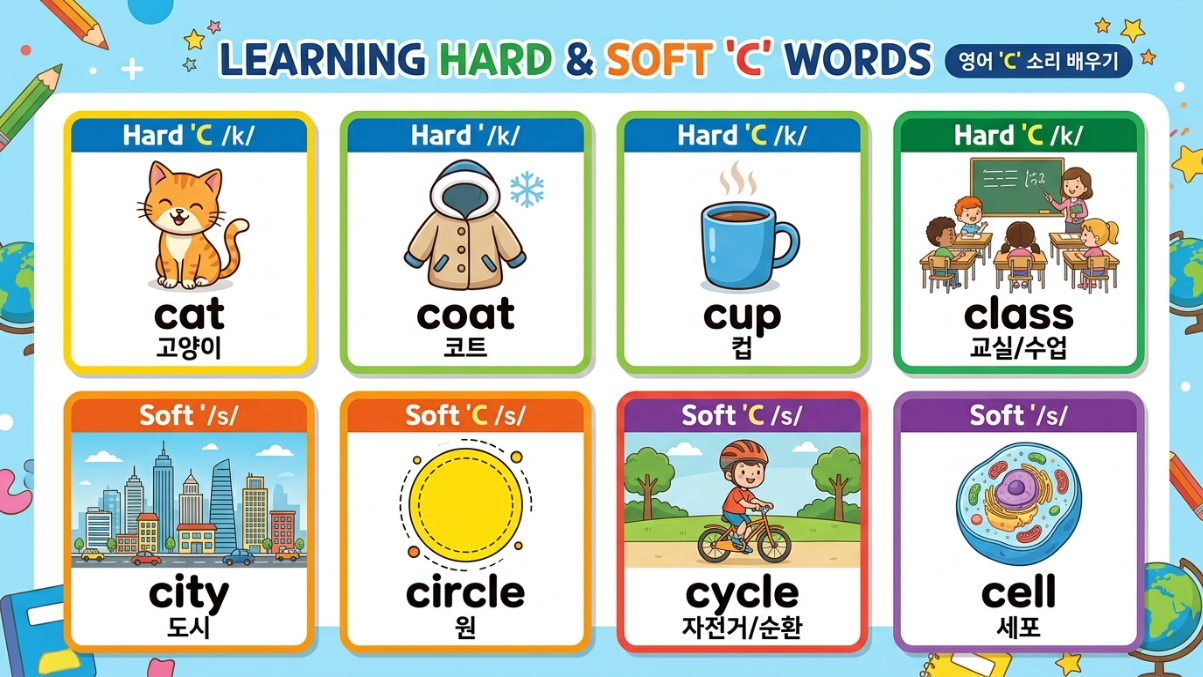 Hard C 단어(cat, coat, cup)와 Soft C 단어(city, circle, cycle)를 그림과 한글 설명으로 보여주는 학습 카드