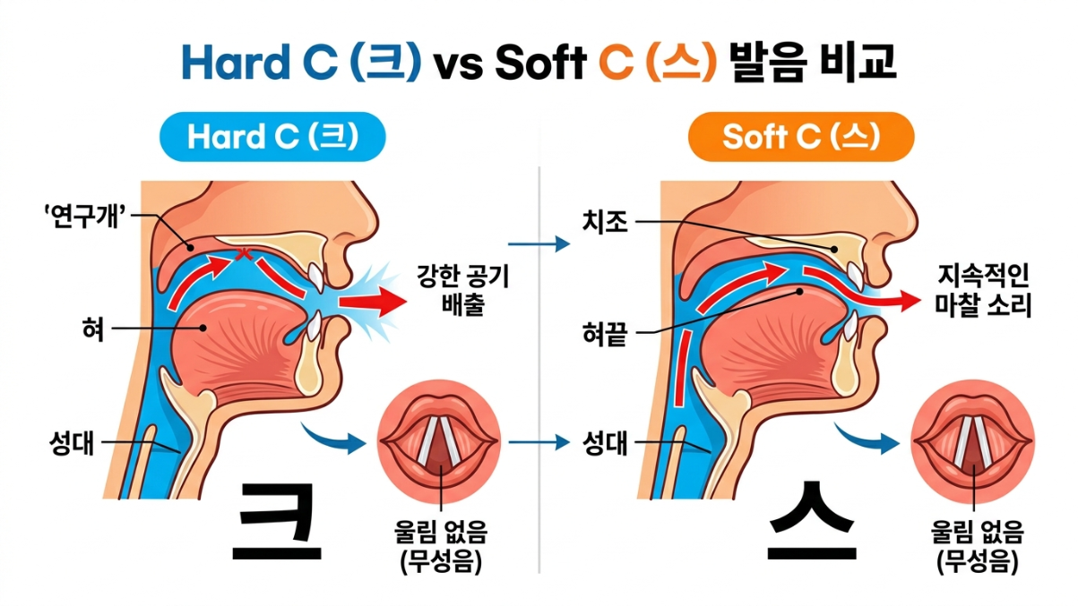 Hard C (크)와 Soft C (스)의 발음 차이를 입 모양 다이어그램과 한글로 설명하는 이미지