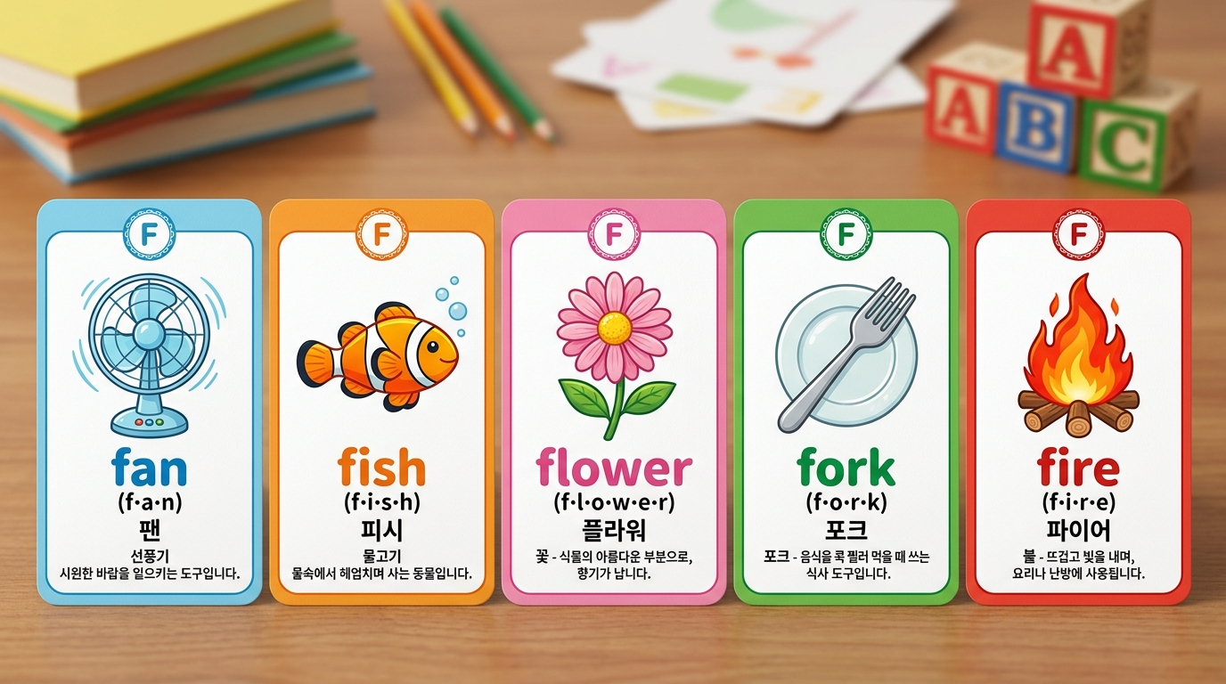 F 단어들(fan, fish, flower, fork 등)을 그림과 함께 보여주는 학습 카드