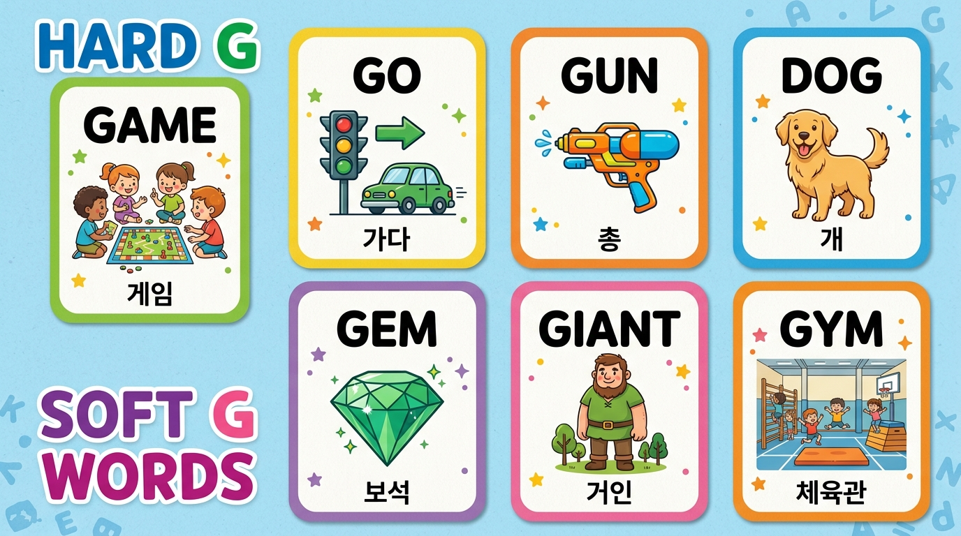 Hard G 단어들(game, go, gun, dog 등)과 Soft G 단어들(gem, giant, gym 등)을 그림과 함께 보여주는 학습 카드