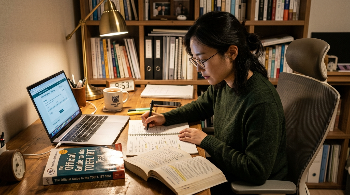 성인 학습자가 책상에 앉아 토플 교재와 노트북으로 공부하고 있다