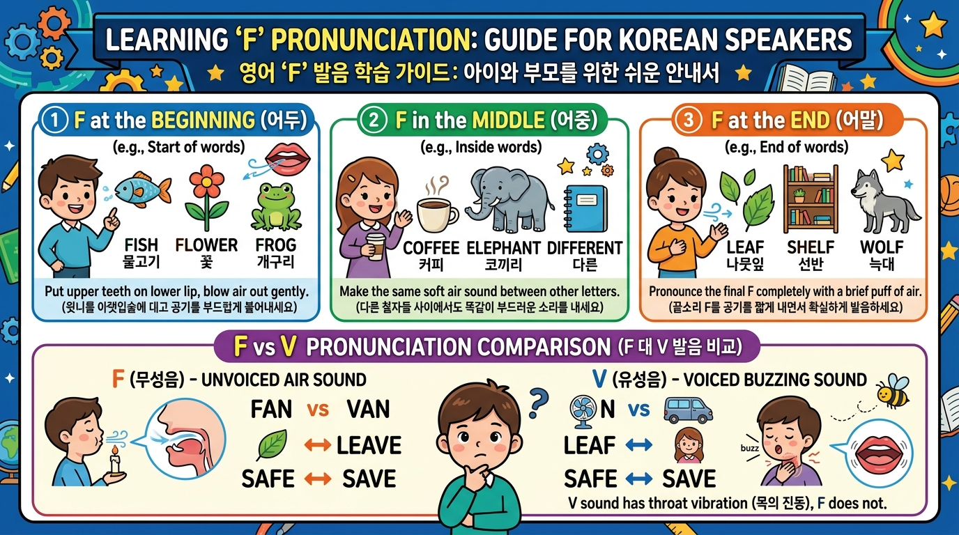 F의 발음 규칙과 단어 위치별 사용법을 한글 설명과 함께 정리한 요약 포스터
