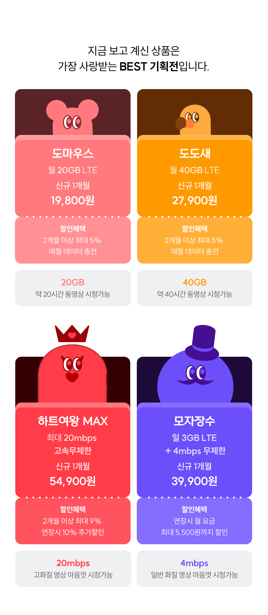 BEST 기획전 와이파이에그 소개. 도마우스 월 20GB LTE 19,800원. 도도새 월 40GB 27,900원. 하트여왕MAX 고속무제한 54,900원. 모자장수 무제한 38,900원. 연장시 할인 제공.
