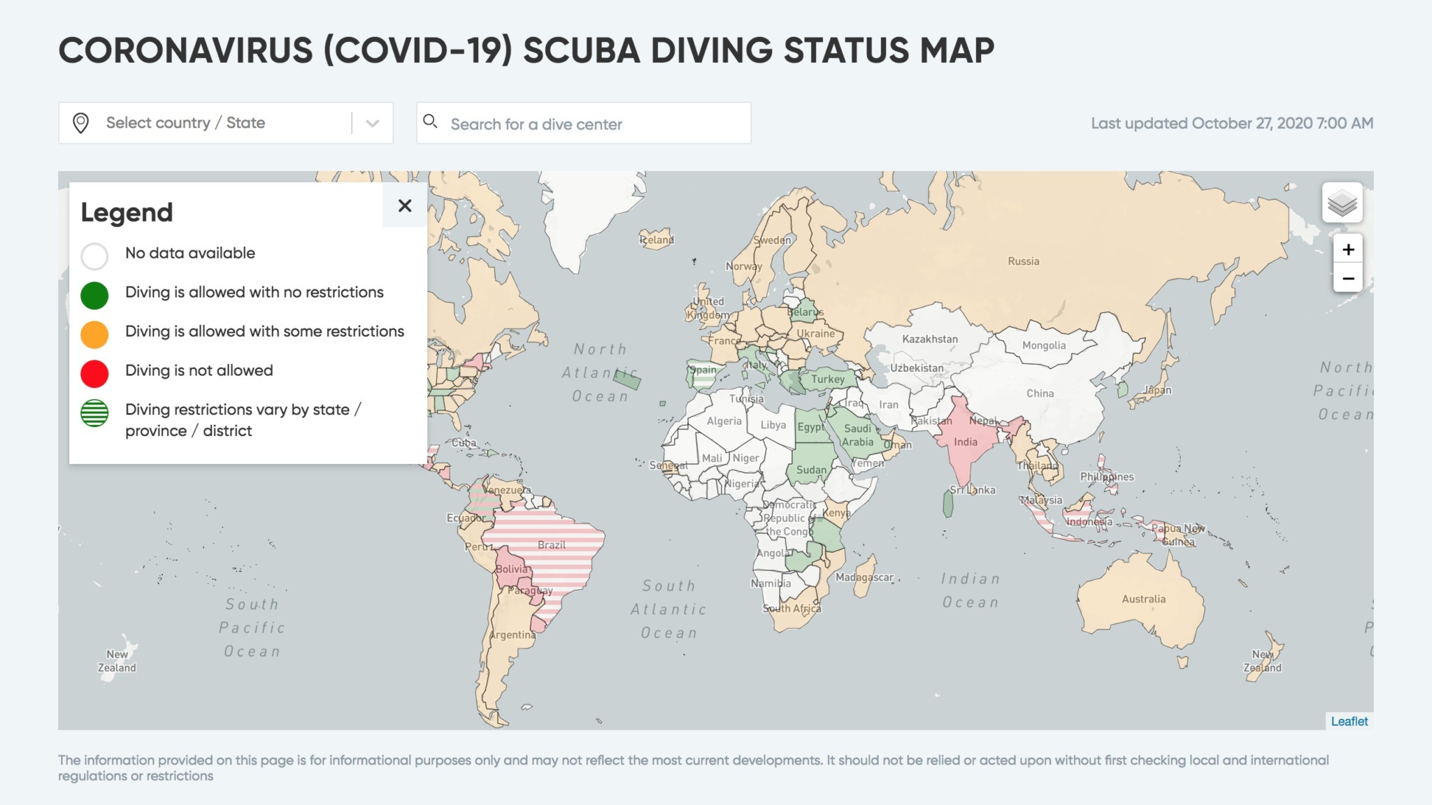 covid-19 scuba diving status map