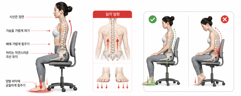 의자에 앉은 상태에서 양발을 바닥에 균일하게 누르는 자세 안내 이미지