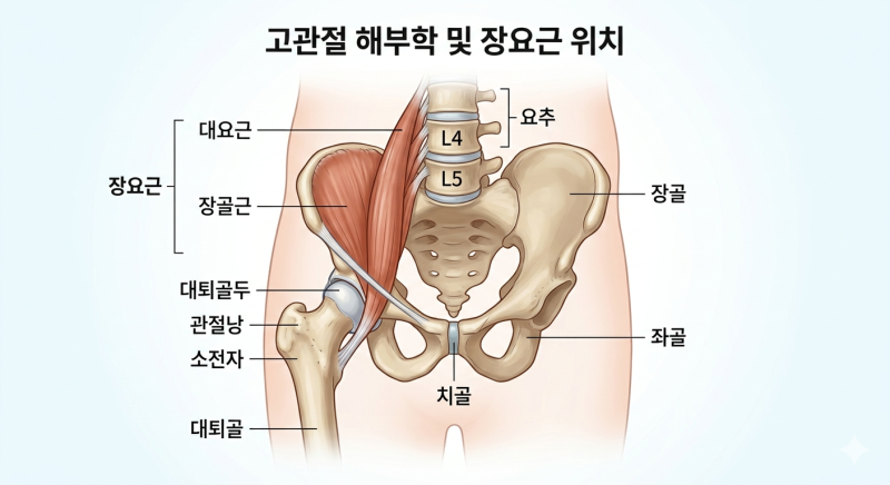 고관절 해부학 및 장요근 위치를 보여주는 인포그래픽