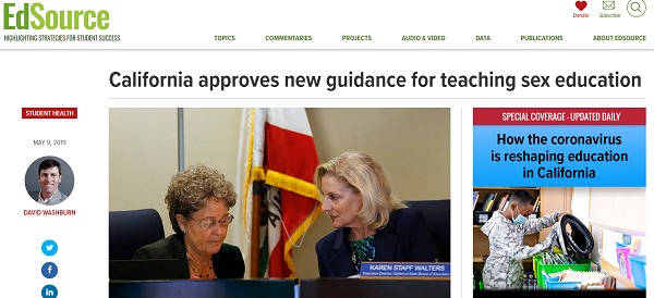 (California approves new guidance for teaching sex education, EdSource, 2019.5.9.)