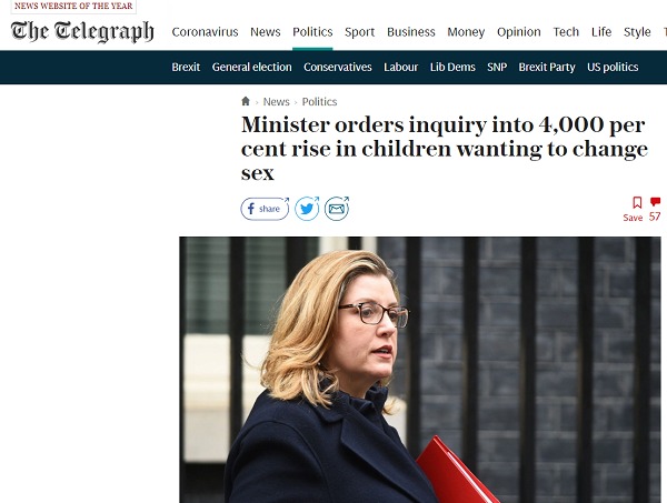 Minister orders inquiry into 4,000 per cent rise in children wanting to change sex, The Telegraph, 2018.9.16