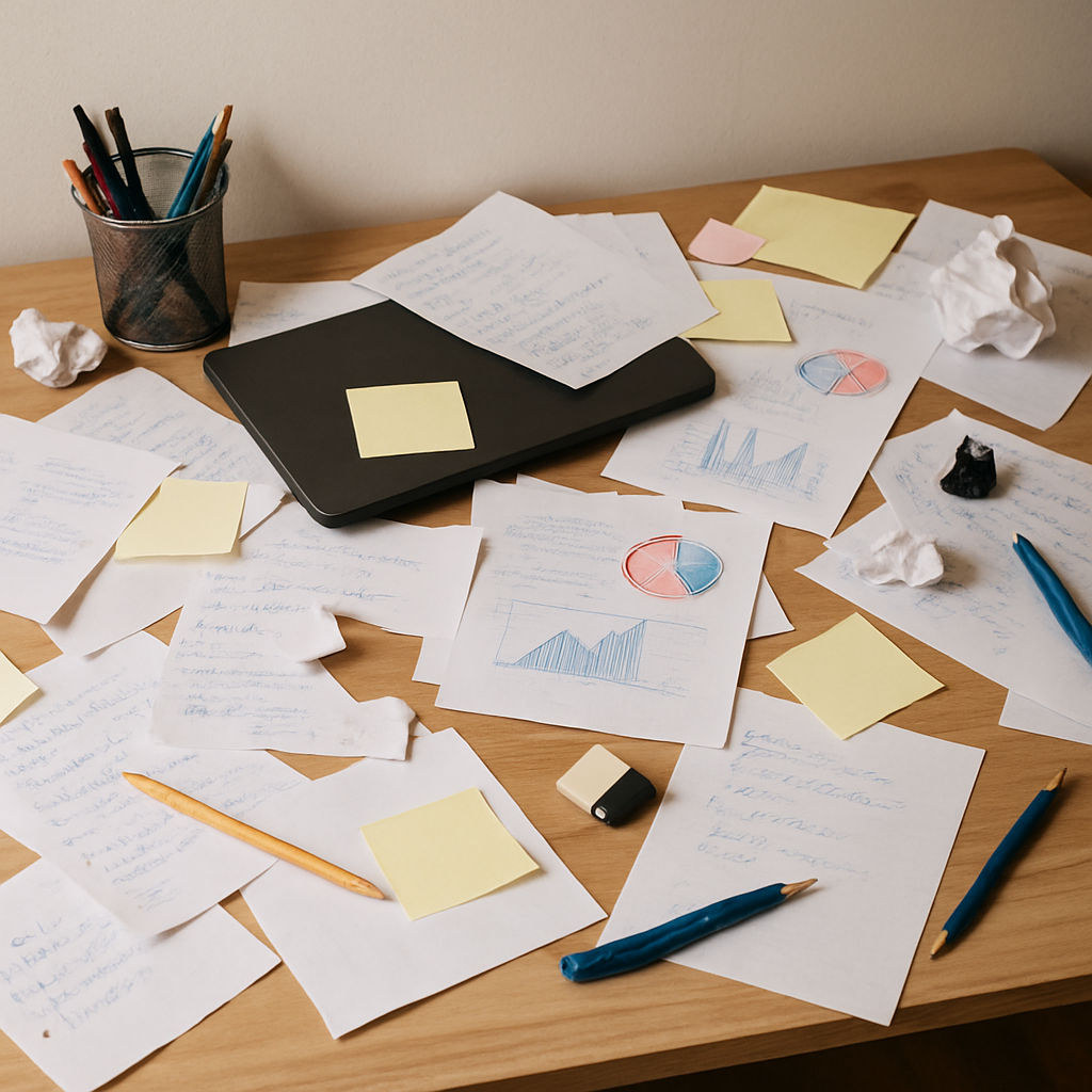 정리되지 않은 서류와 물건들, 어수선한 사무실 공간