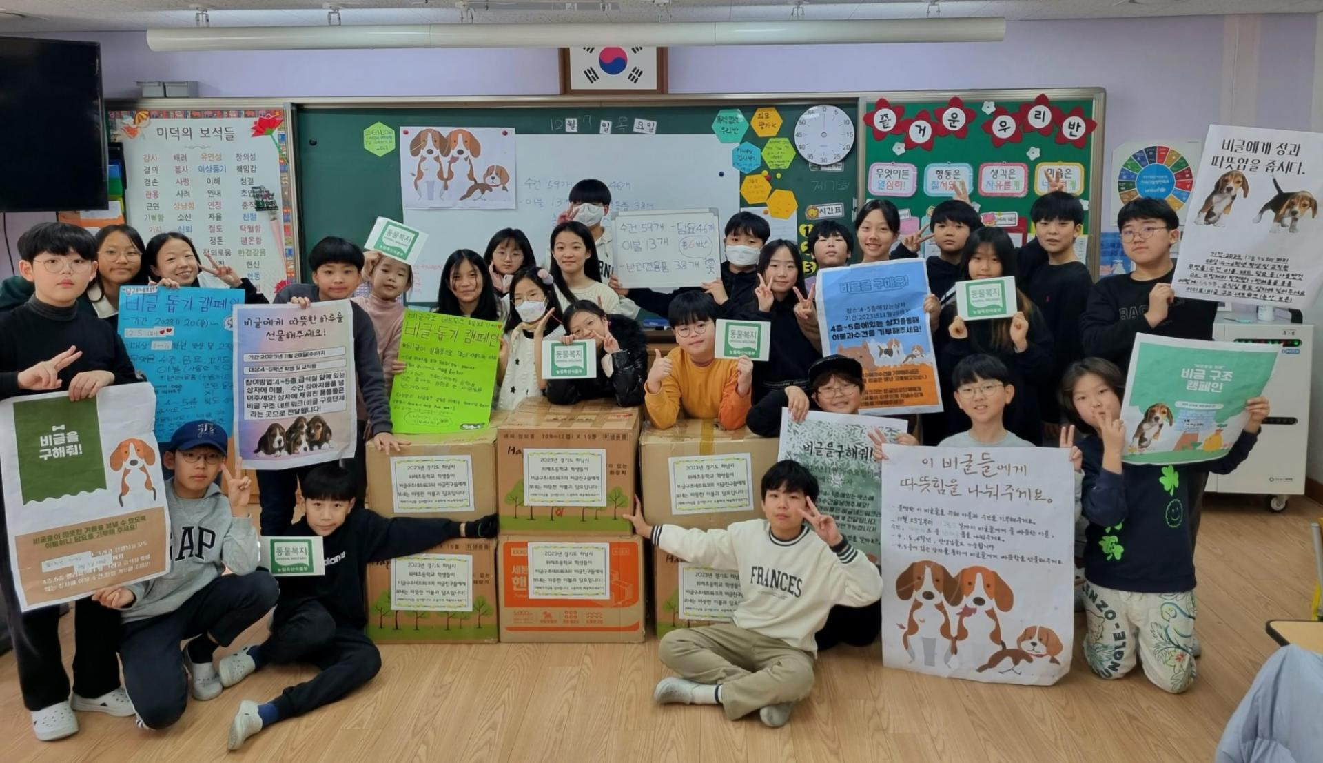 한 반의 학생들이 캠페인 포스터와 동물복지 인증 마크를 들고 모여 서서 단체 사진을 찍고 있는 모습이다.