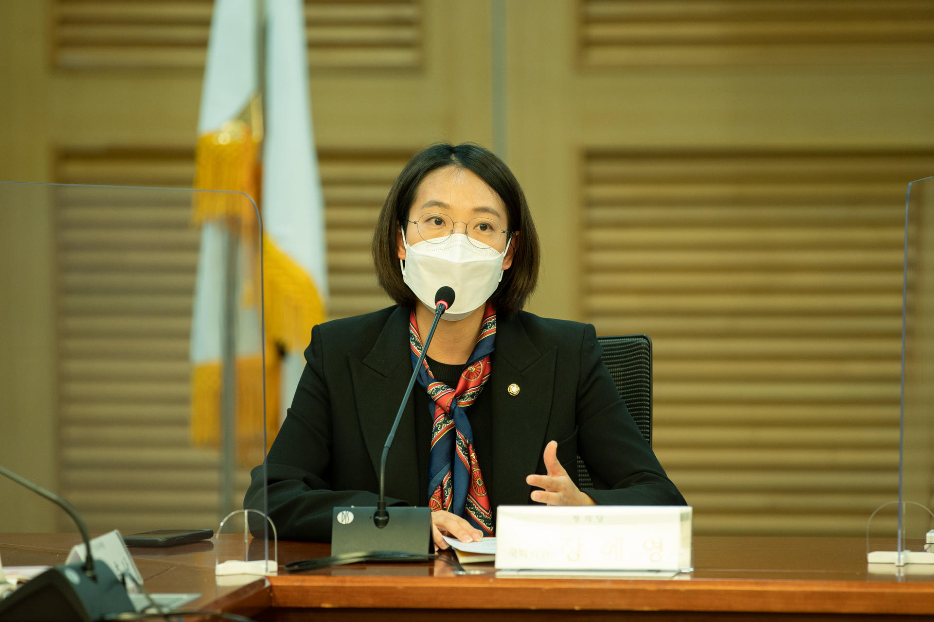 포스트 코로나 시대의 팬데믹과 라이프스타일이라는 제목의 토론회 현장에서 발언하고 있는 장혜영 의원의 사진 입니다.