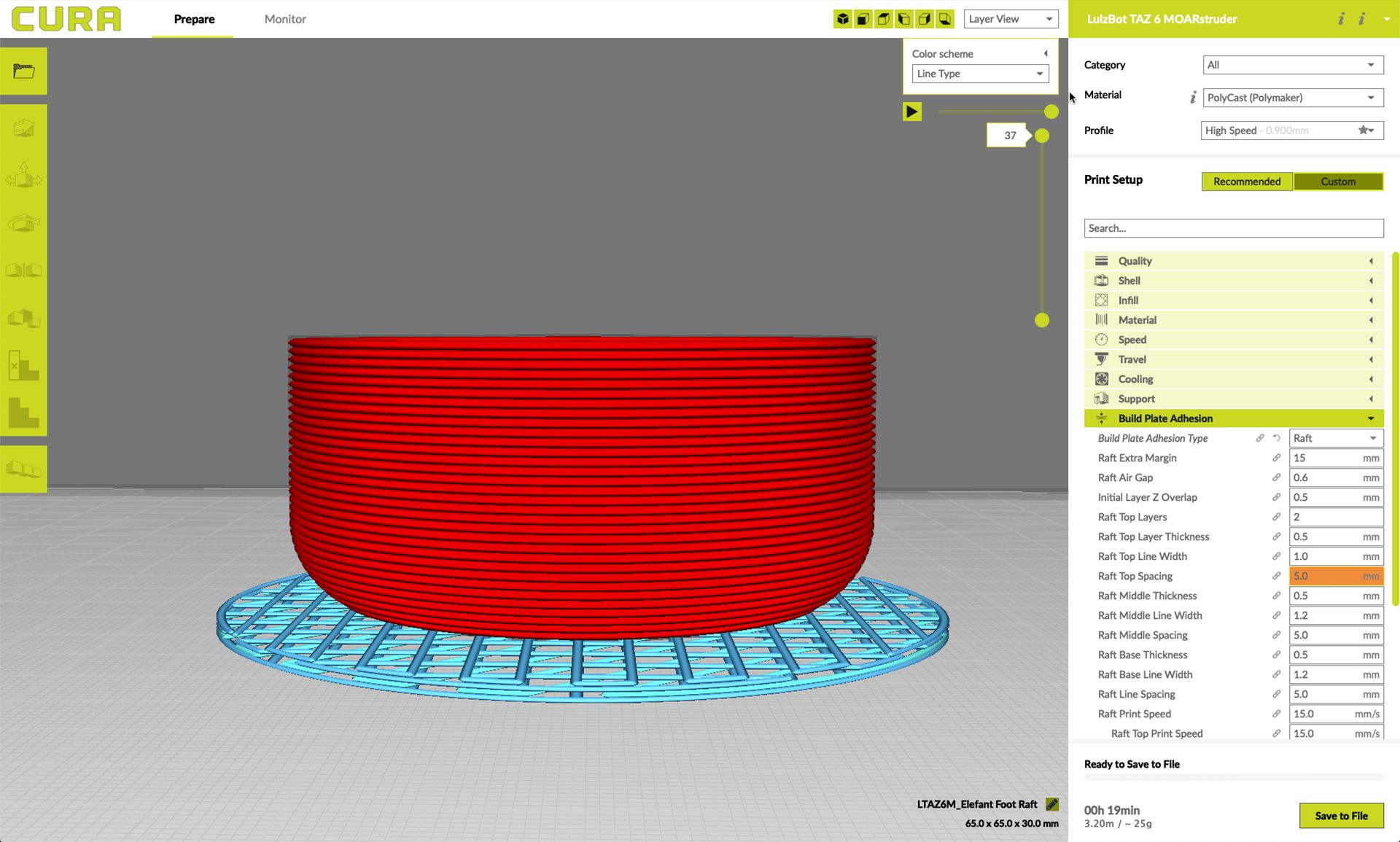 Model of a raft in Lulzbot's Cura slicer software