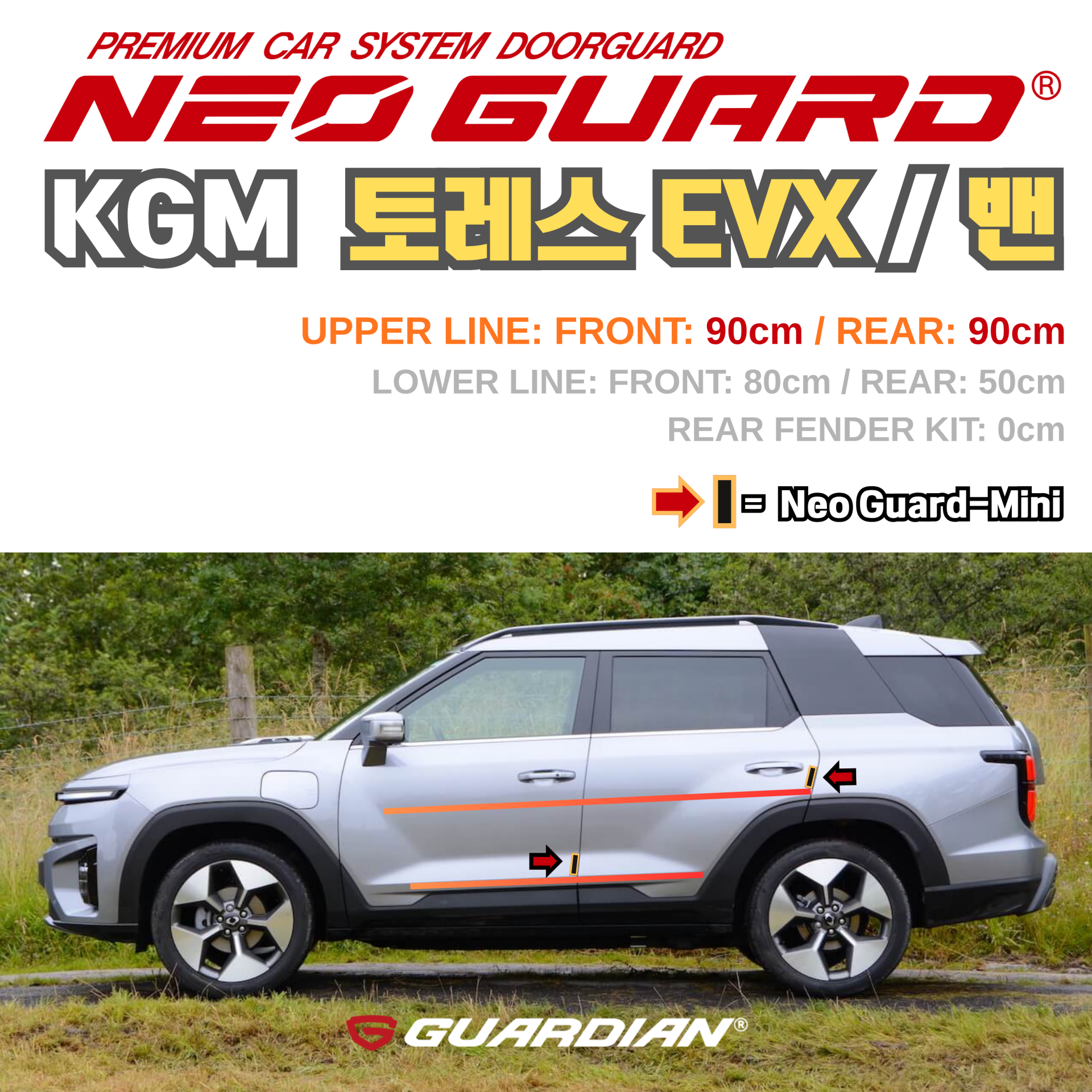 (좌/우 한 대분 세트) KGM 토레스 EVX 밴전용 차량용 도어가드 문콕방지가드 네오가드