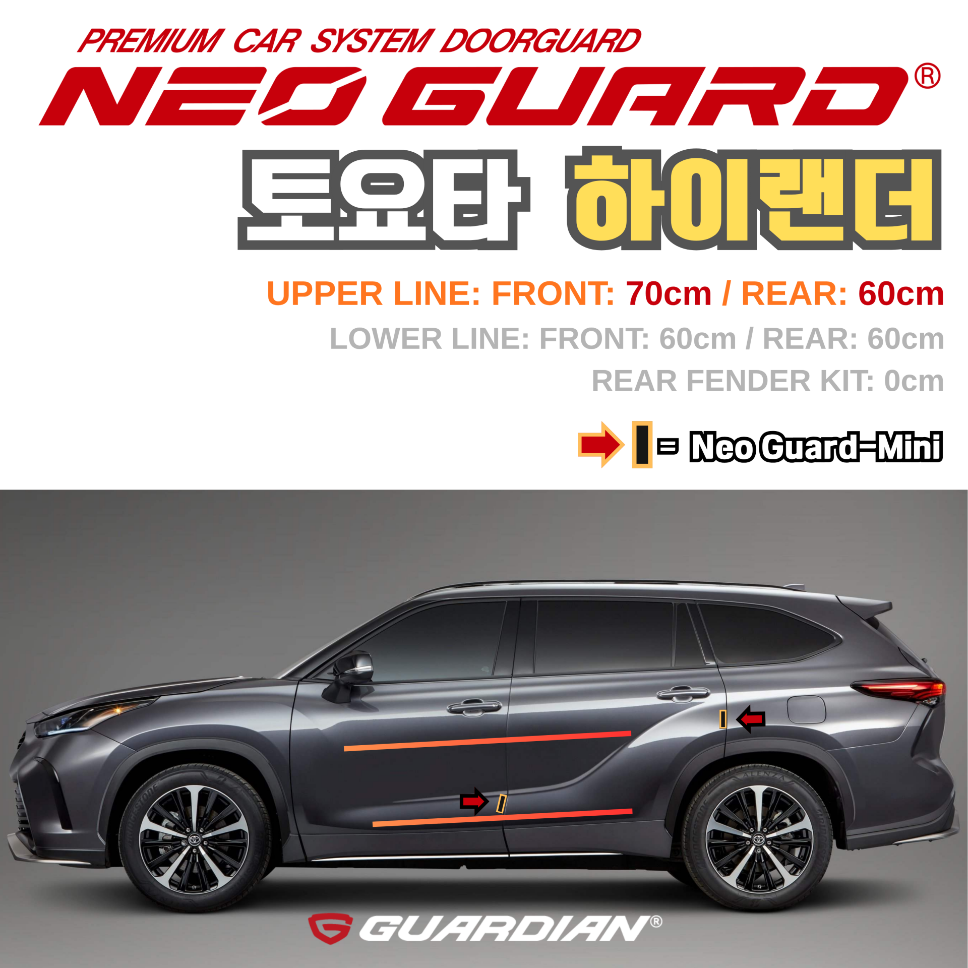 (좌/우 한 대분 세트) 토요타 하이랜더전용 차량용 도어가드 문콕방지가드 네오가드