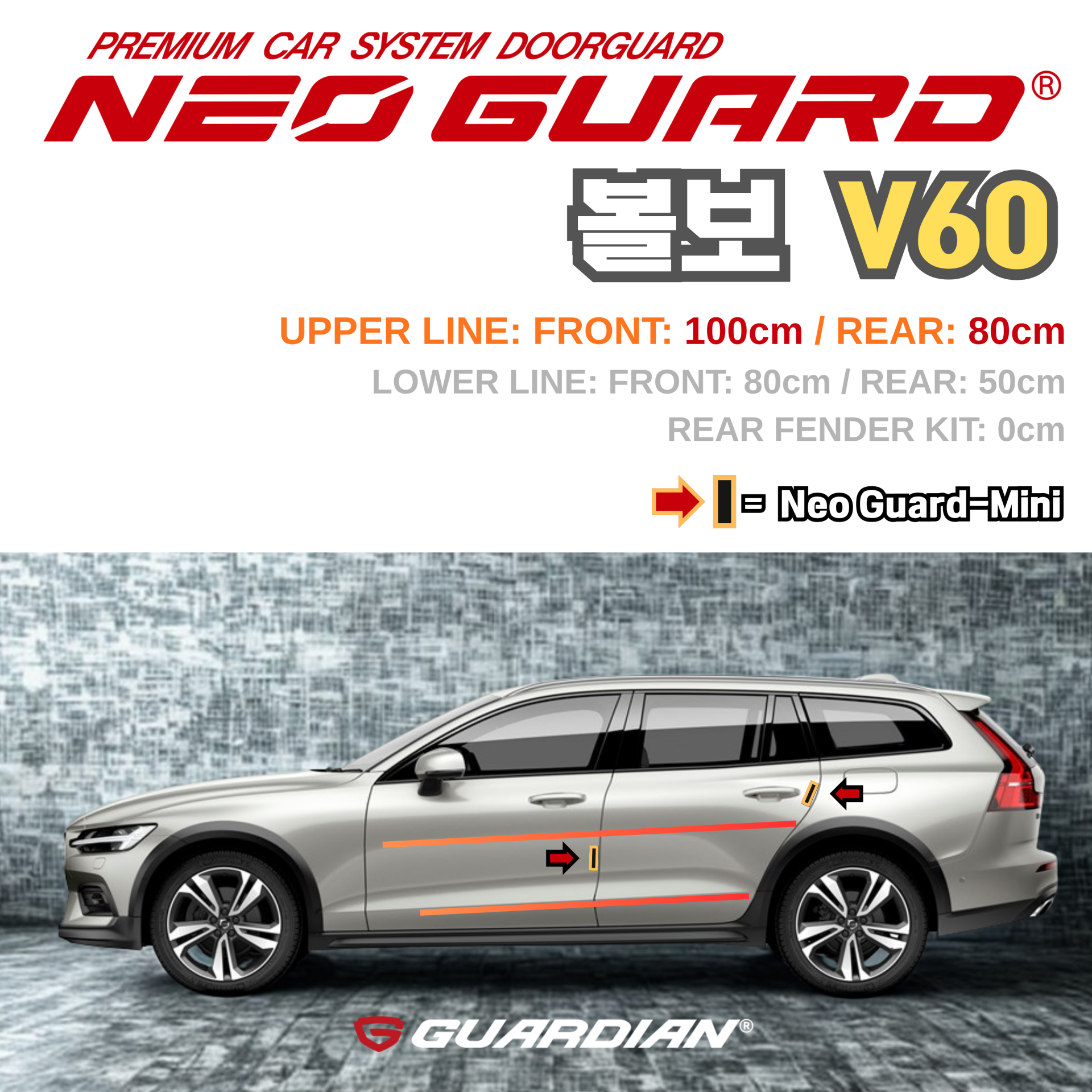 (좌/우 한 대분 세트) 볼보 V60전용 차량용 도어가드 문콕방지가드 네오가드