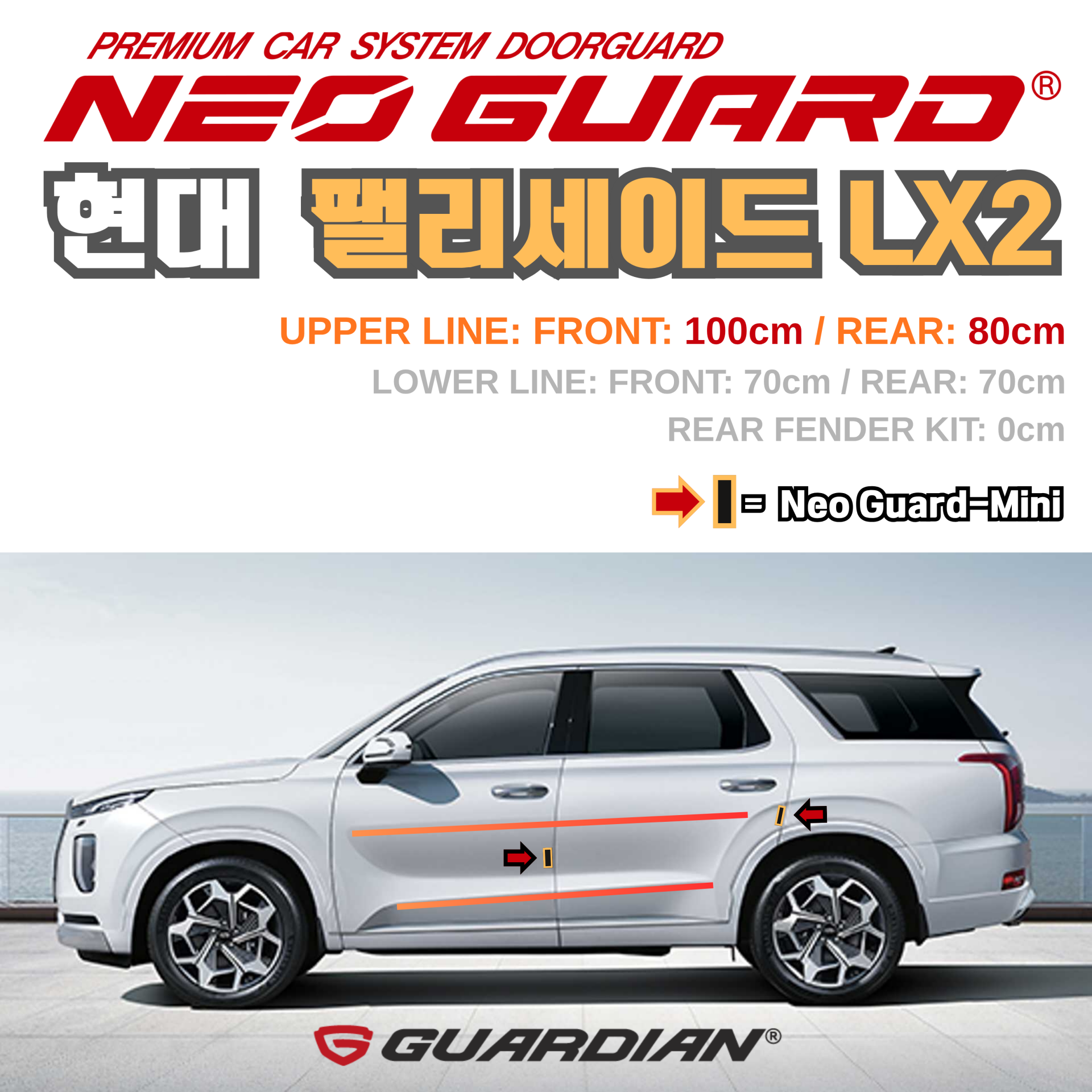 (좌/우 한 대분 세트) 현대 팰리세이드 LX2전용 차량용 도어가드 문콕방지가드 네오가드