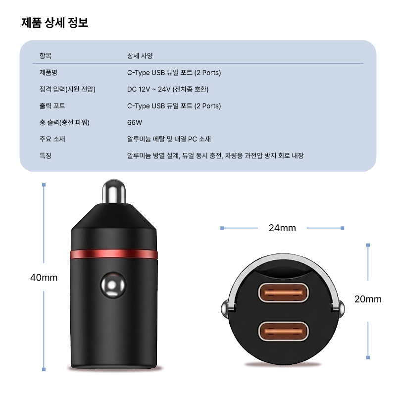 듀얼 66W 차량용 초고속 충전기 C타입 2구 시거잭