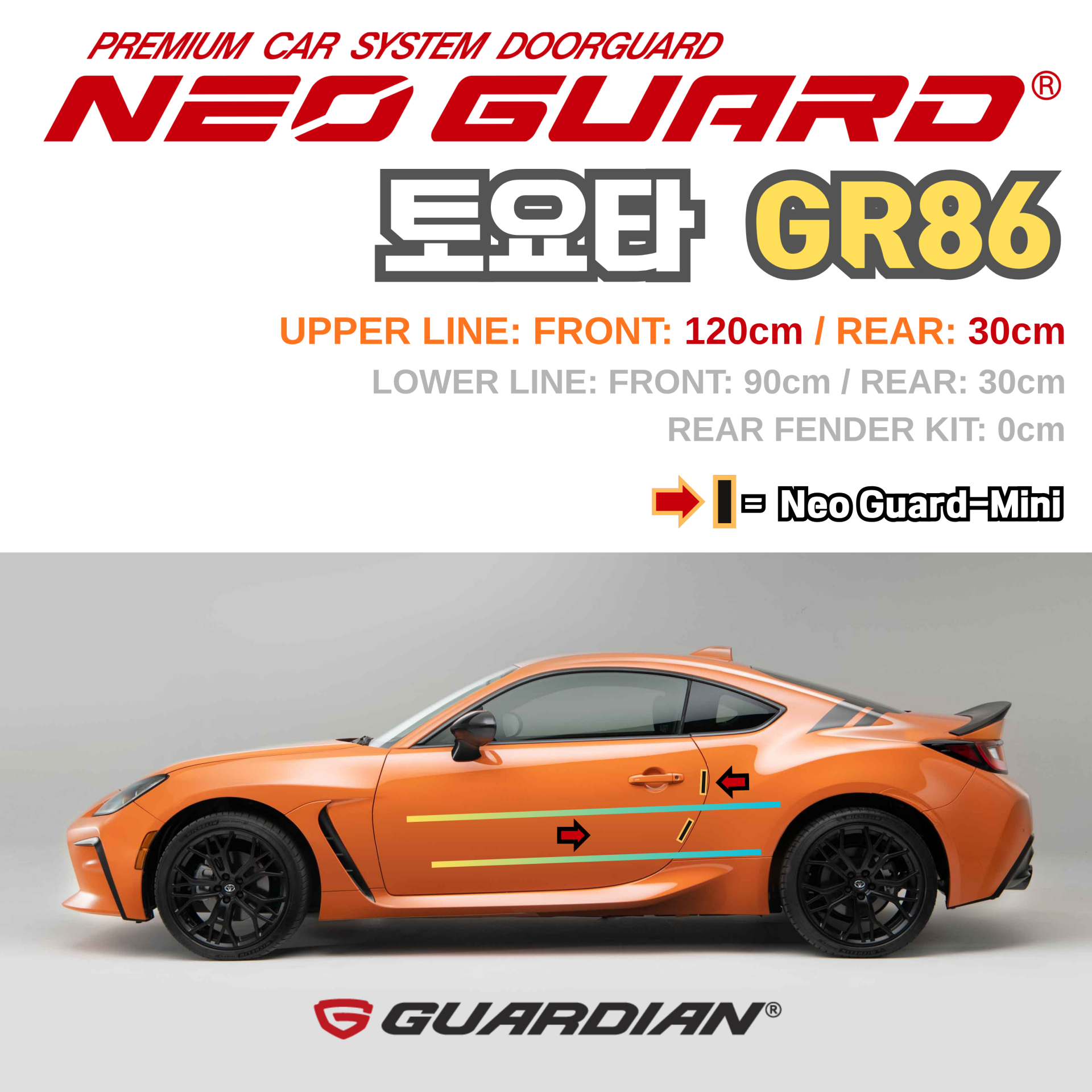 (좌/우 한 대분 세트) 토요타 GR86전용 차량용 도어가드 문콕방지가드 네오가드