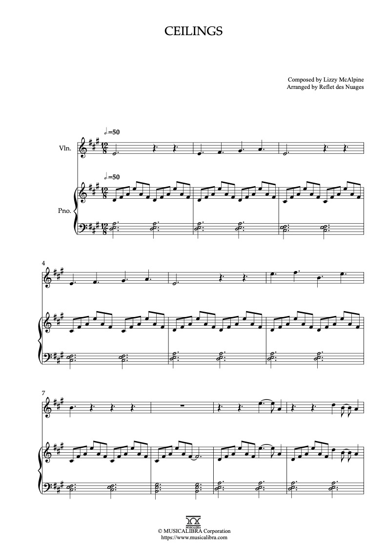 Partitura de Lizzy McAlpine ceilings arreglada para dueto de violín y piano