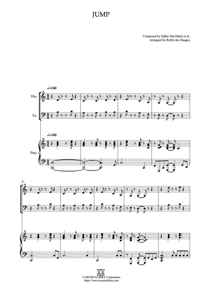 Partitura de Van Halen Jump arreglada para trío de violín, violonchelo y piano
