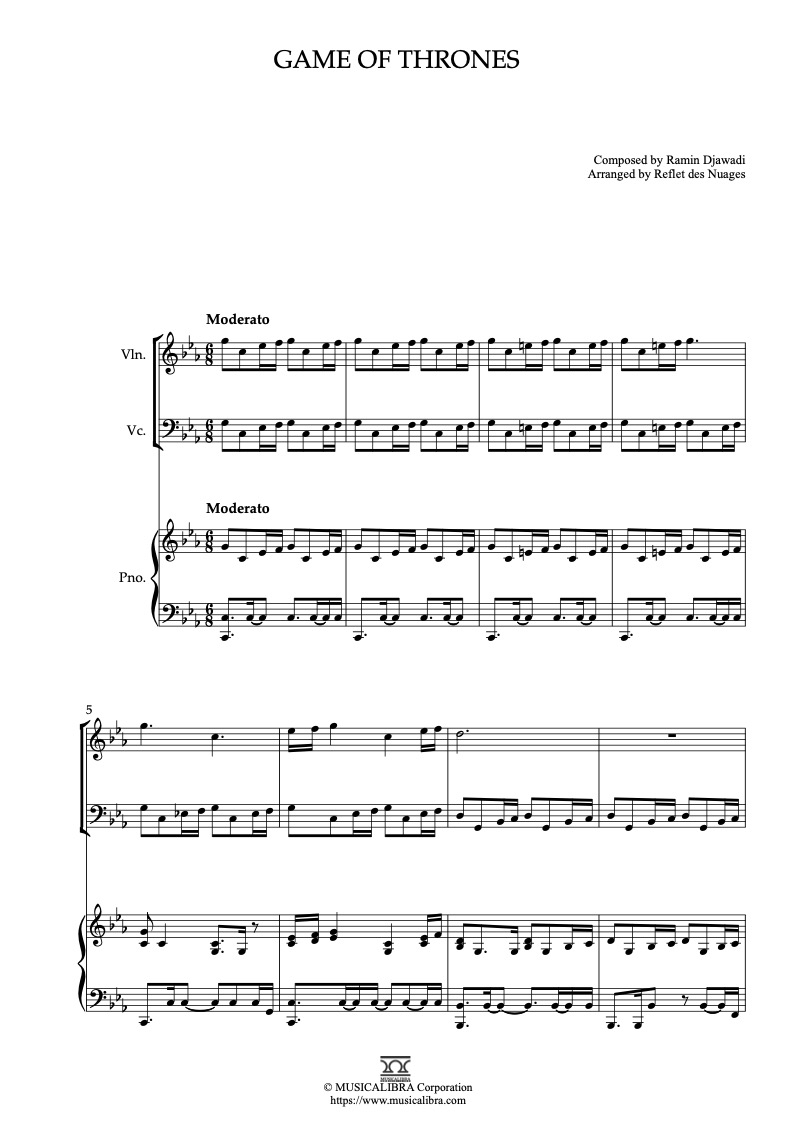 Partitura de Game of Thrones arreglada para trío de violín, violonchelo y piano