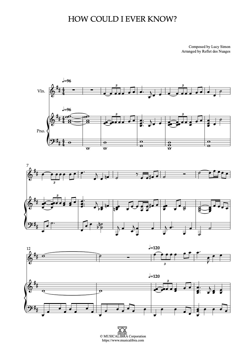 Sheet music of The Secret Garden How Could I Ever Know? arranged for violin and piano duet chamber ensemble preview page 1